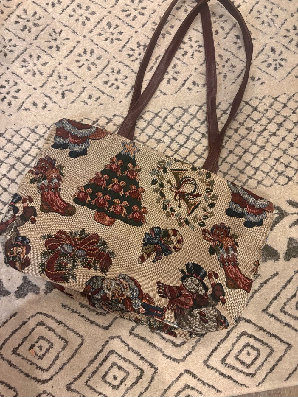Orvis Beige Holiday Tapestry Tote with Brown Straps